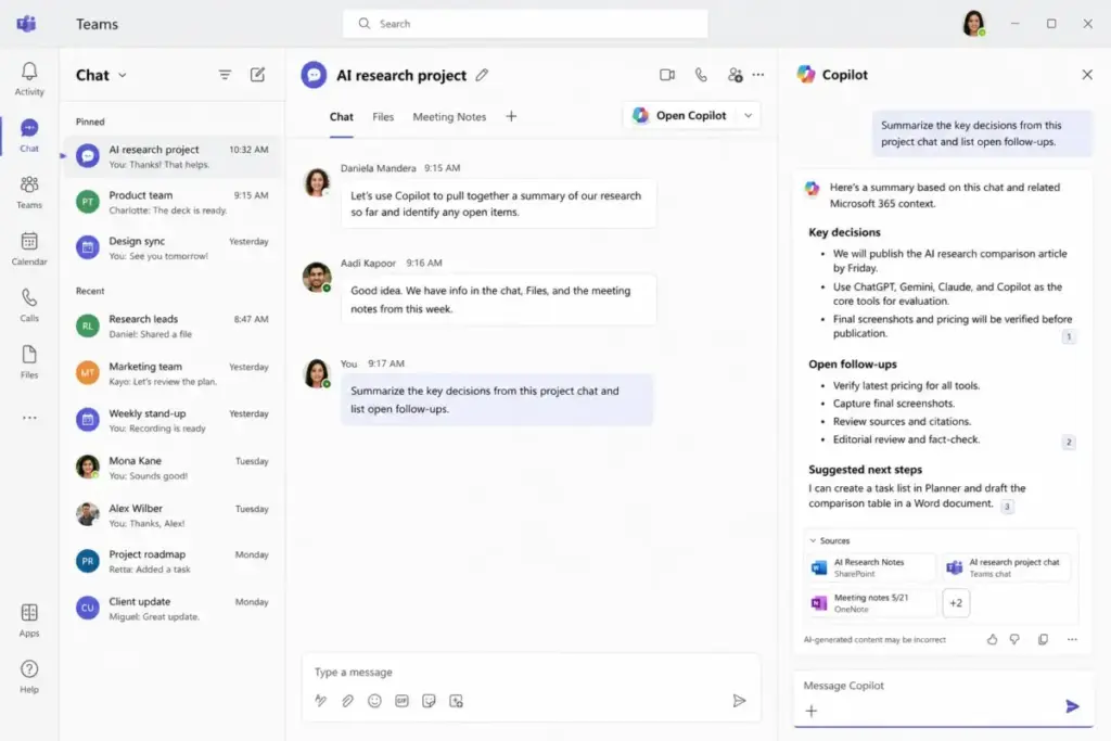 Screenshot-style mockup of Microsoft Teams showing Microsoft 365 Copilot summarizing a project chat with AI-grounded answers, follow-ups, and source cards.