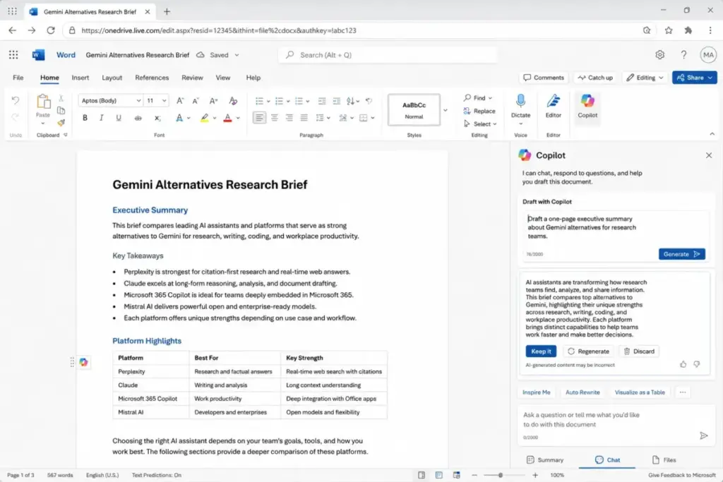 Microsoft 365 Copilot in Word interface showing a research brief document and Copilot draft suggestions.