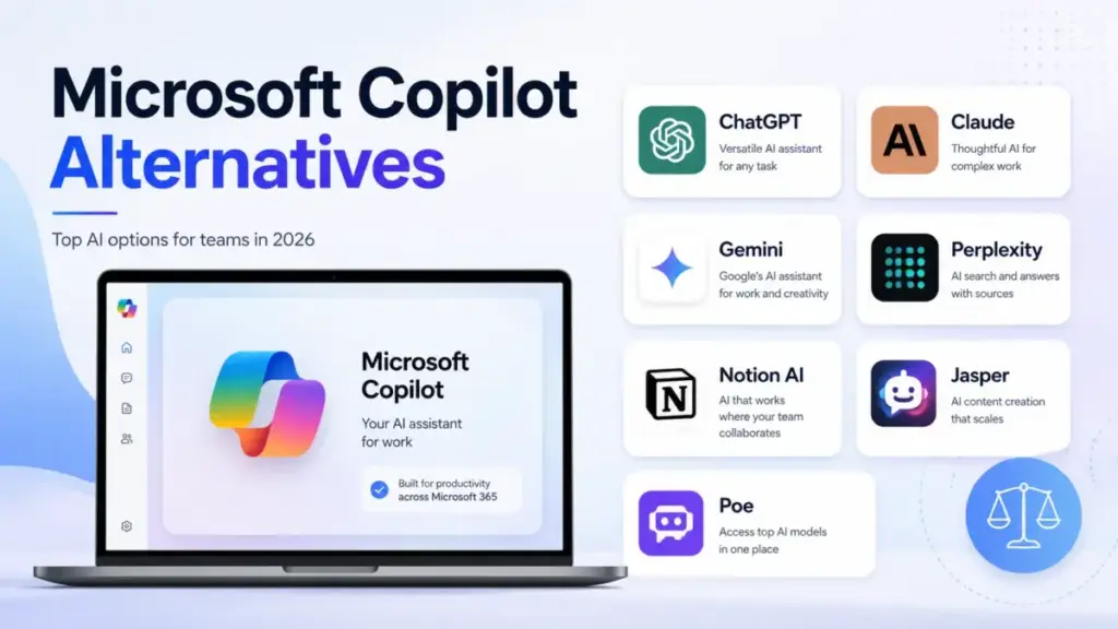 Microsoft Copilot alternatives comparison featuring ChatGPT, Claude, Gemini, Perplexity, Notion AI, Jasper, and Poe for teams in 2026