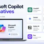 Microsoft Copilot alternatives comparison featuring ChatGPT, Claude, Gemini, Perplexity, Notion AI, Jasper, and Poe for teams in 2026
