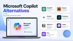 Microsoft Copilot alternatives comparison featuring ChatGPT, Claude, Gemini, Perplexity, Notion AI, Jasper, and Poe for teams in 2026