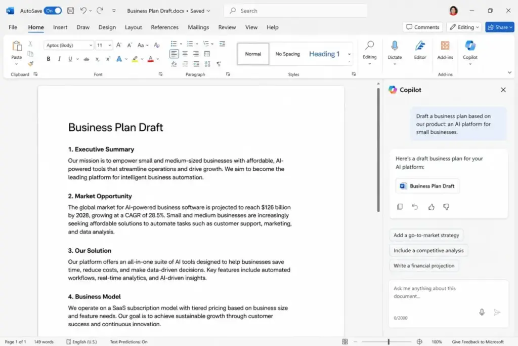 Microsoft Copilot in Word mockup showing AI-assisted document drafting inside a business plan document.