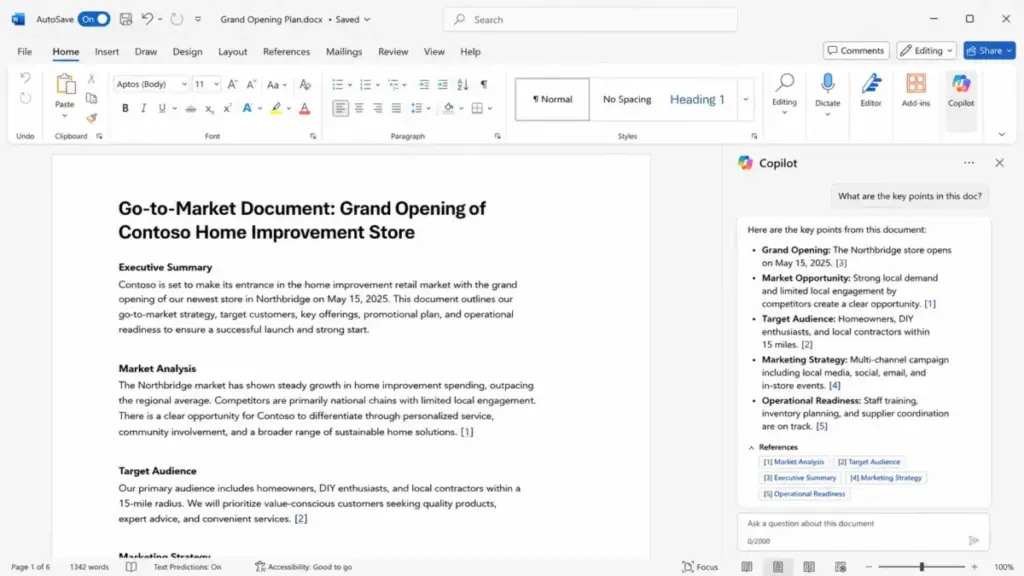 Microsoft Copilot panel in Word showing document-grounded summary with citations