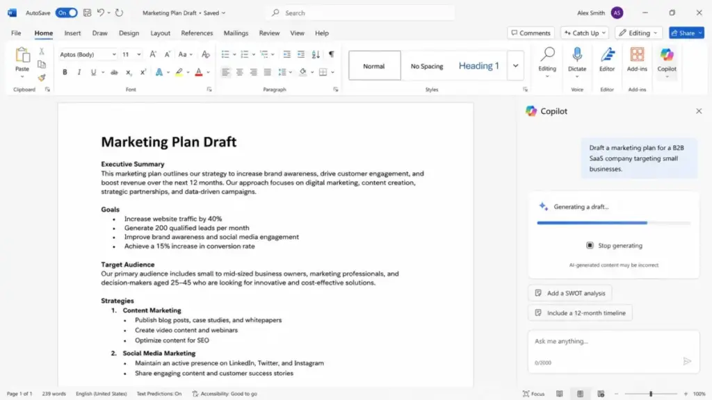 Microsoft Copilot panel inside Word showing a marketing plan draft generation process with suggested follow-up actions.