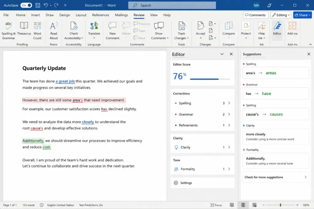 Microsoft Editor in Word showing grammar, clarity, and formality suggestions in the Editor pane.