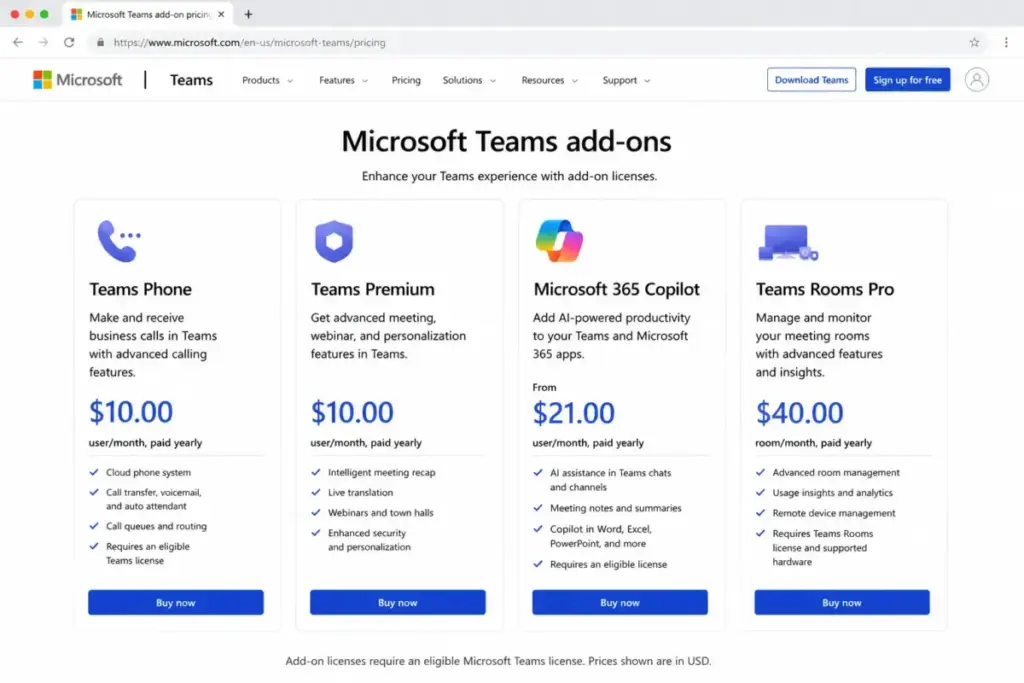 Microsoft Teams add-on pricing cards for Teams Phone, Teams Premium, Microsoft 365 Copilot, and Teams Rooms Pro.