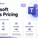 Microsoft Teams Pricing featured image with plan cards for Free, Essentials, Business Basic, and Business Standard.