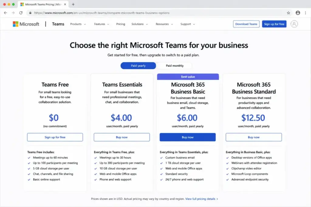 Microsoft Teams pricing plans showing Free, Essentials, Business Basic, and Business Standard annual rates.