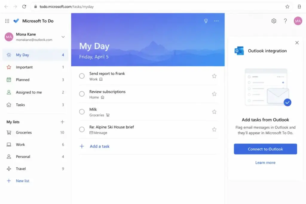 Microsoft To Do My Day interface mockup showing task list and Outlook integration panel.