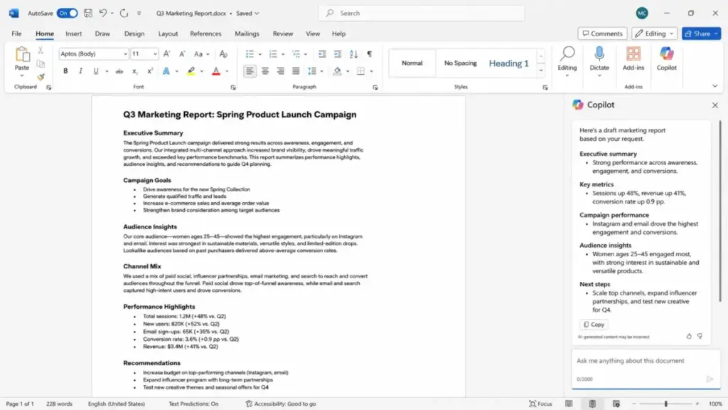 Screenshot-style mockup of Microsoft Word showing the Copilot side pane generating a Q3 marketing report.