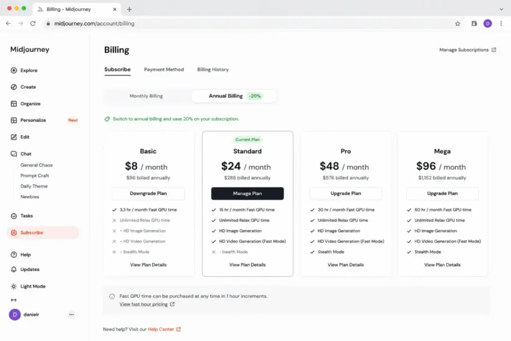 Midjourney billing page showing annual billing toggle with 20% discount