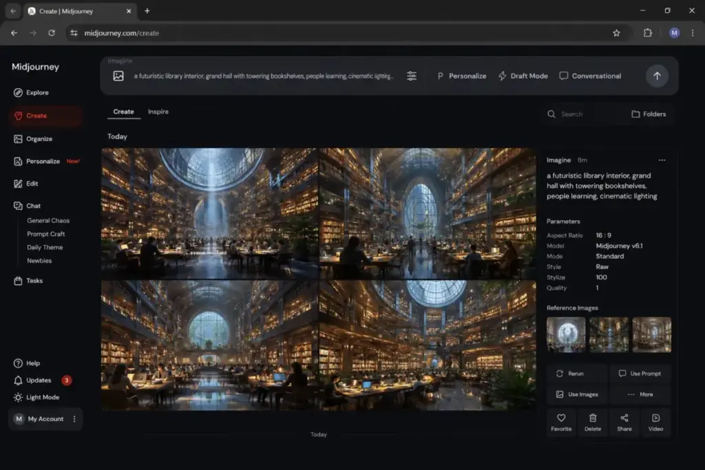 Midjourney Create interface mockup showing prompt input, image generation grid, and dark AI creation workspace