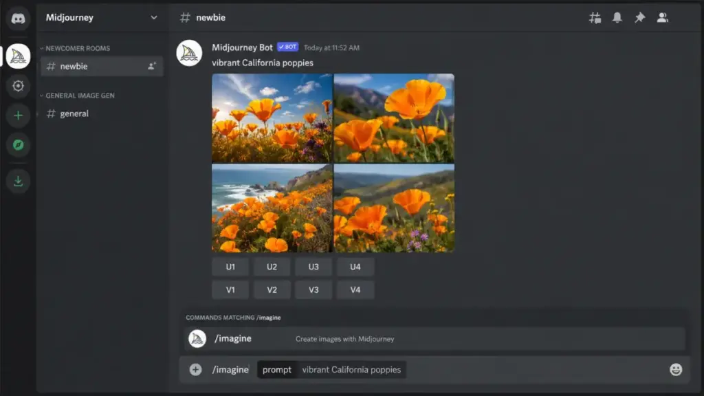 Midjourney Discord interface showing the /imagine prompt workflow and four-image result grid
