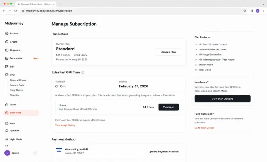 Midjourney subscription management page showing Extra Fast GPU Time purchase options