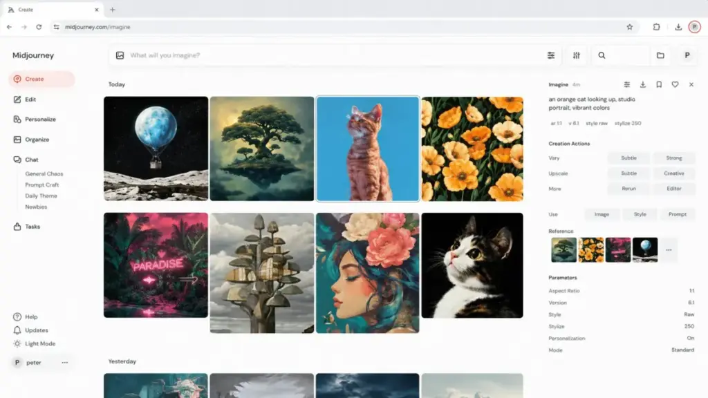 Midjourney web interface showing AI image generation results