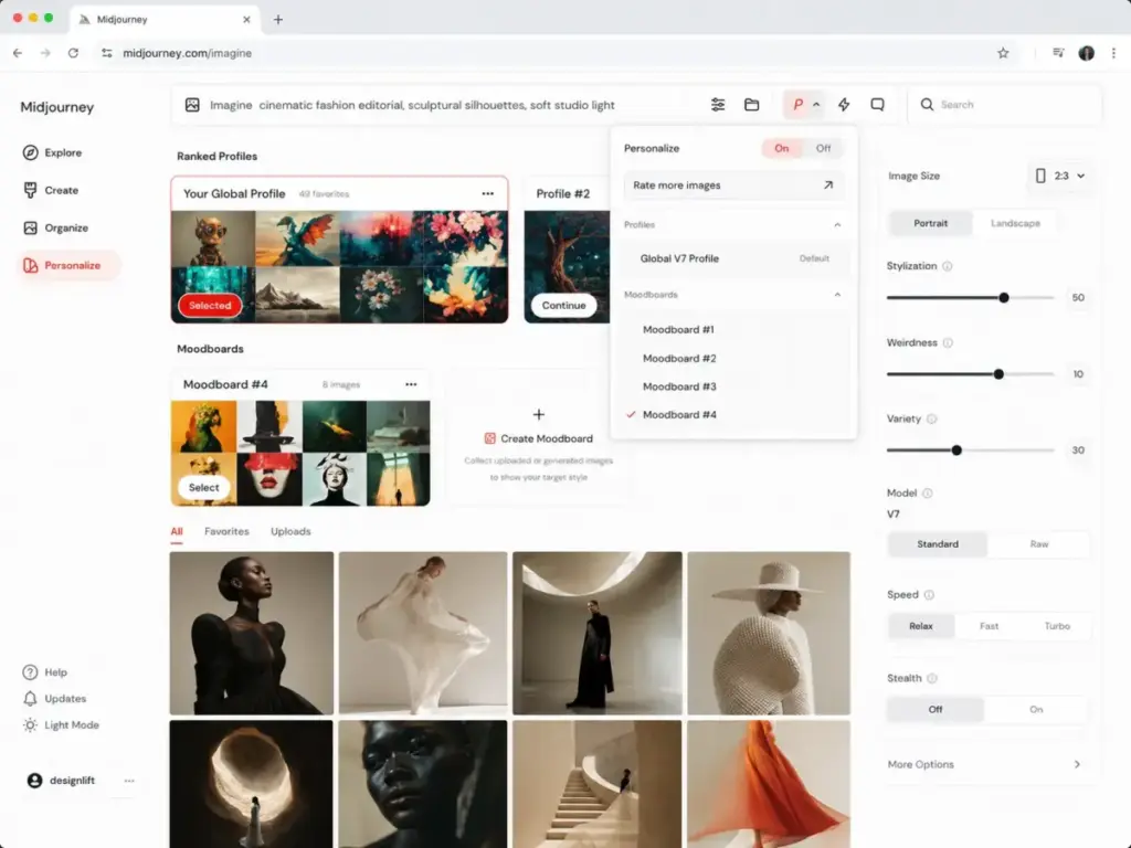 Midjourney web interface showing personalization and moodboards for style-guided AI image generation
