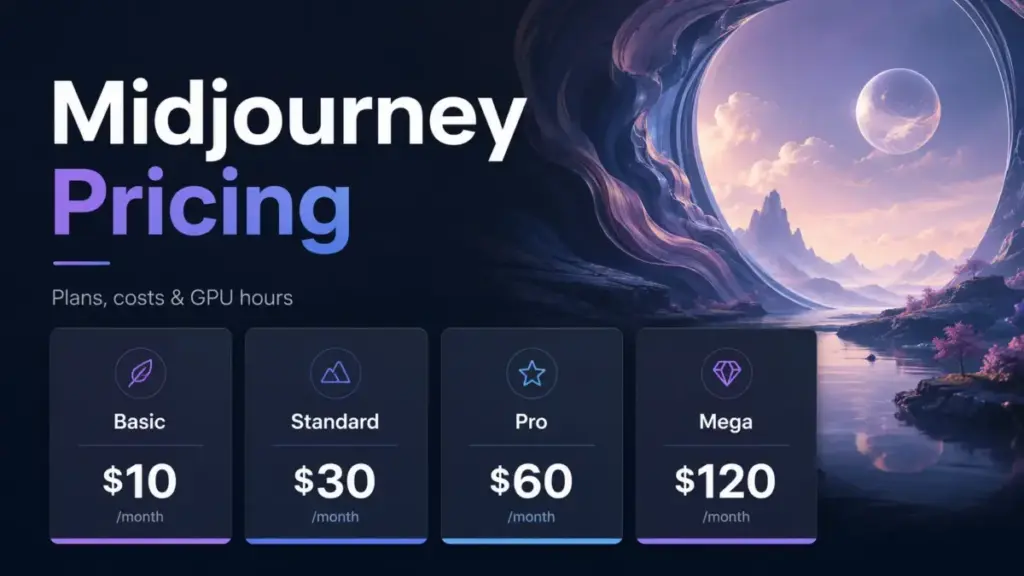 Midjourney Pricing featured image showing Basic, Standard, Pro, and Mega plan prices