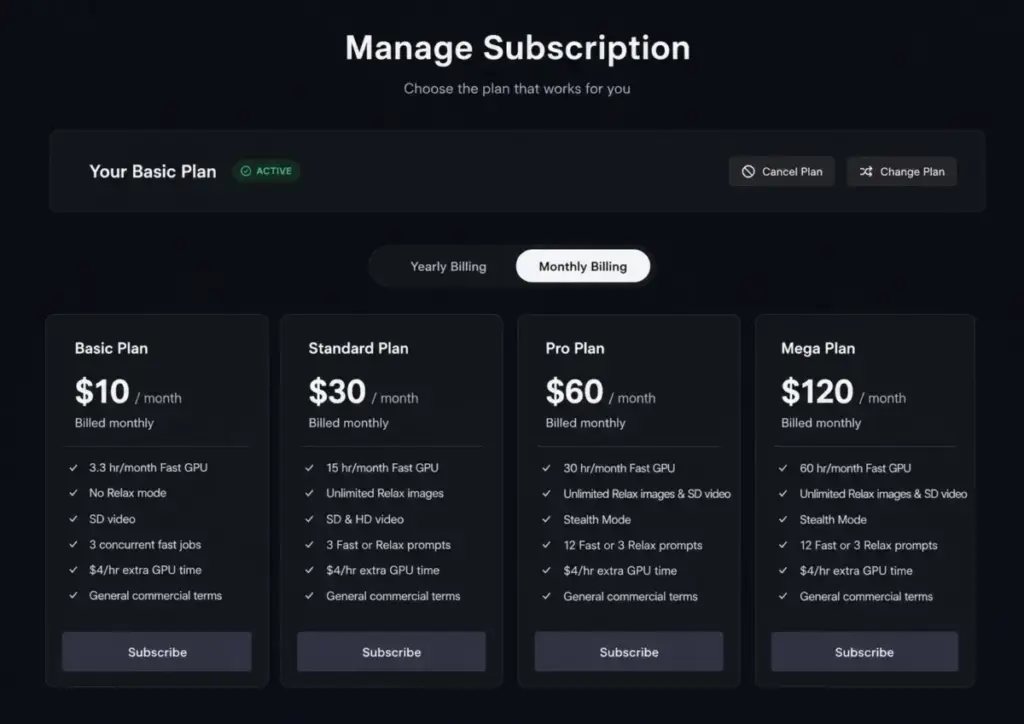 Midjourney pricing page showing Basic, Standard, Pro and Mega monthly plans