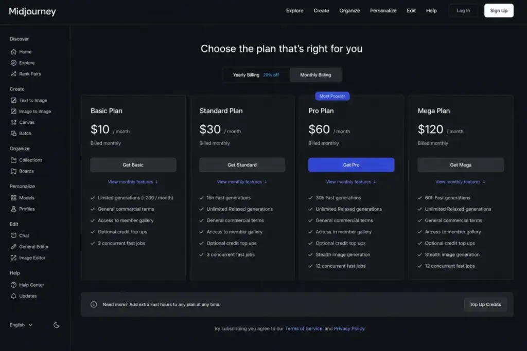 Midjourney pricing page displaying Basic $10/month, Standard $30/month, Pro $60/month, and Mega $120/month subscription plans with feature comparison and billing options.