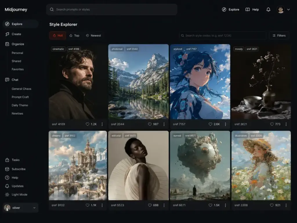 Midjourney Style Explorer gallery showing cinematic, photoreal, stylized, moody, dreamy, editorial, surreal, and illustration image styles with sref codes.