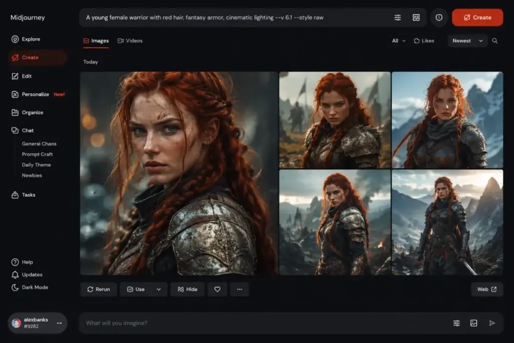 Midjourney generation gallery displaying style reference outputs with consistent fantasy character appearance across multiple AI-generated images