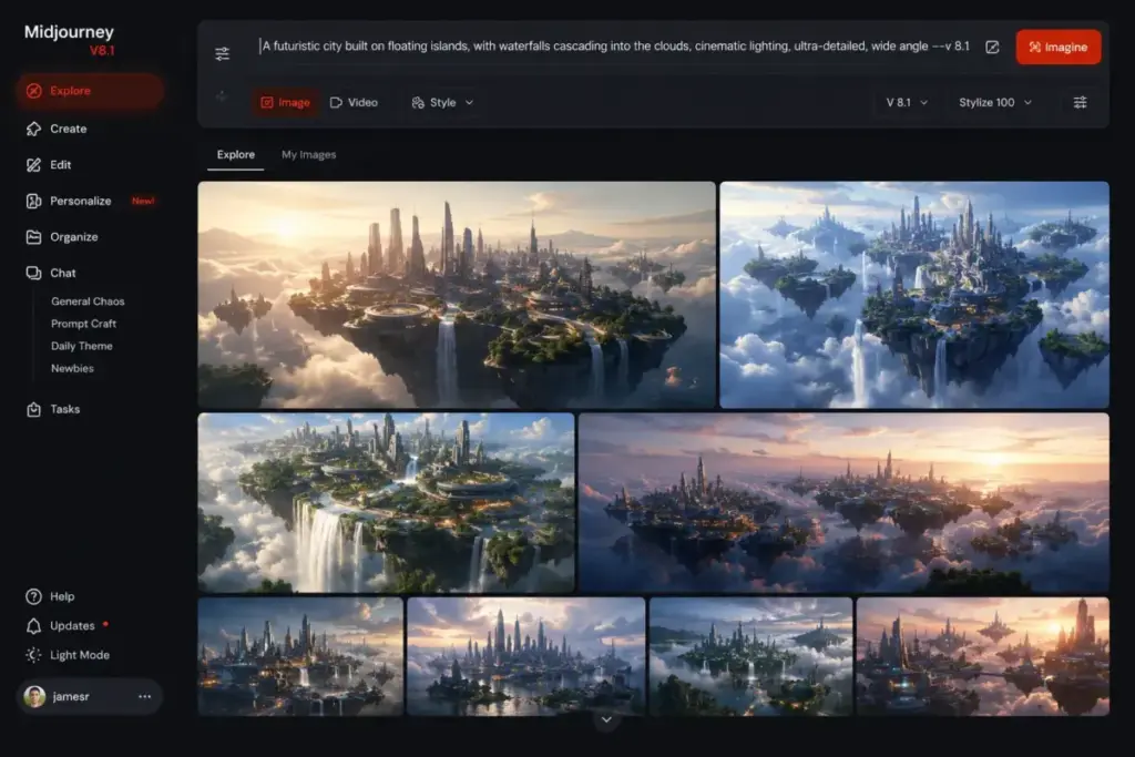 Midjourney V8.1 web app interface displaying prompt input, image generation controls, and AI-generated artwork results in a gallery view.