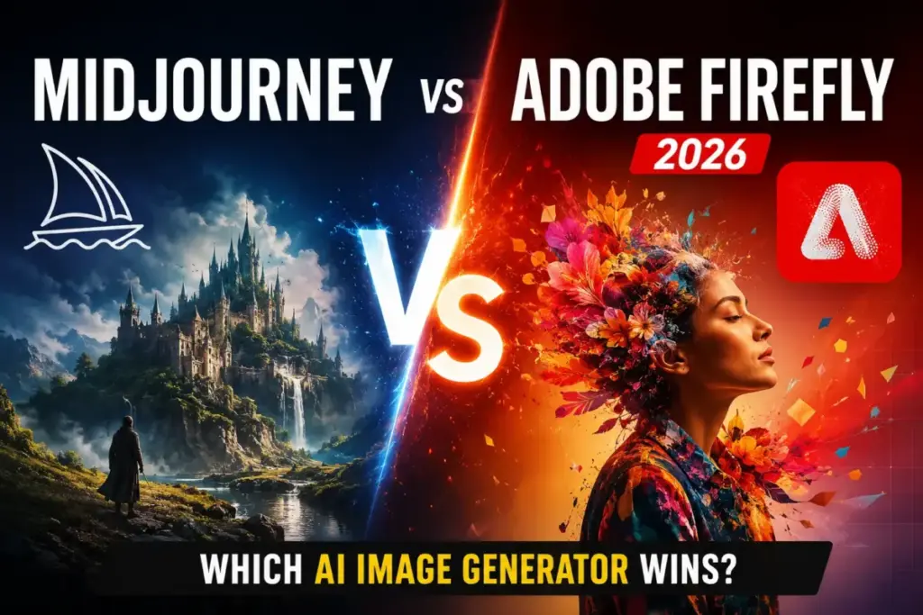 Midjourney vs Adobe Firefly 2026 comparison showing AI-generated fantasy artwork and creative design image generation capabilities