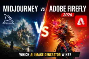 Midjourney vs Adobe Firefly 2026 comparison showing AI-generated fantasy artwork and creative design image generation capabilities