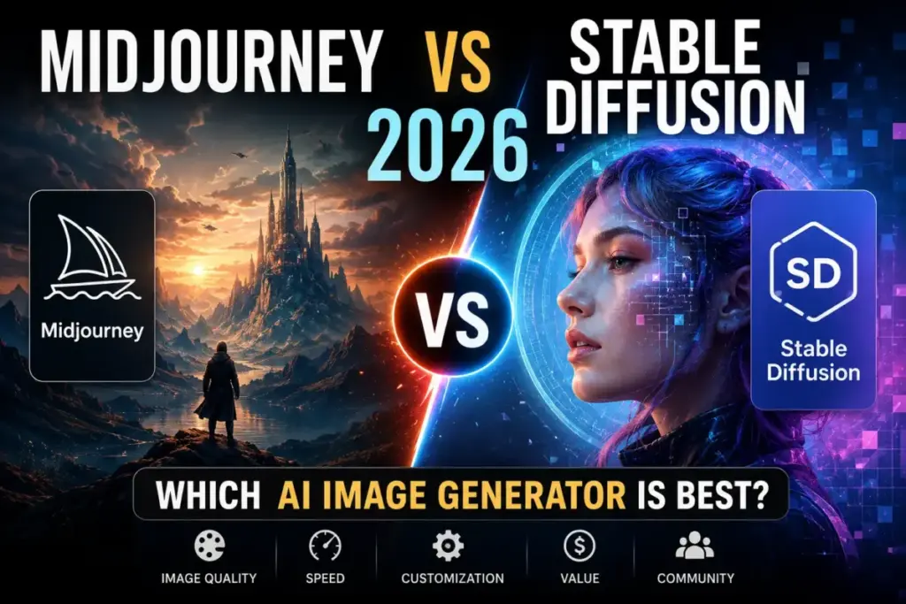 Midjourney vs Stable Diffusion 2026 comparison featuring fantasy artwork and AI-generated digital art, highlighting the best AI image generator for quality, speed, customization, value, and community.