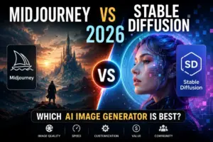 Midjourney vs Stable Diffusion 2026 comparison featuring fantasy artwork and AI-generated digital art, highlighting the best AI image generator for quality, speed, customization, value, and community.