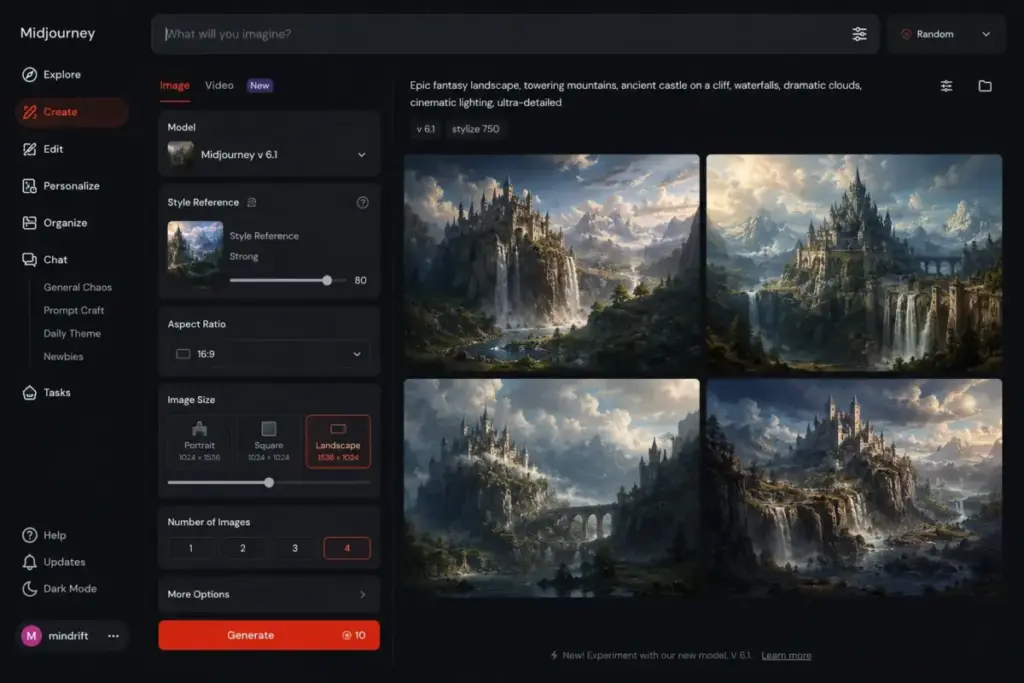 Midjourney web app interface showing text-to-image generation, style reference controls, aspect ratio settings, and AI-generated image results