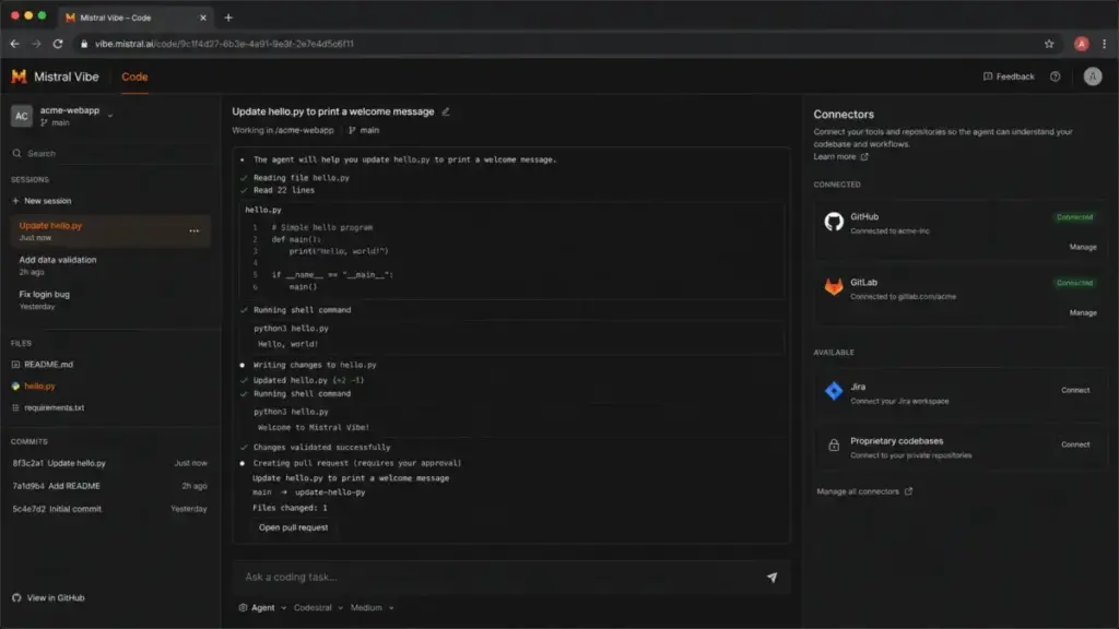 Mistral Vibe Code interface showing a coding agent console, repository files, shell command output, and connector setup for GitHub, GitLab, Jira, and private codebases.