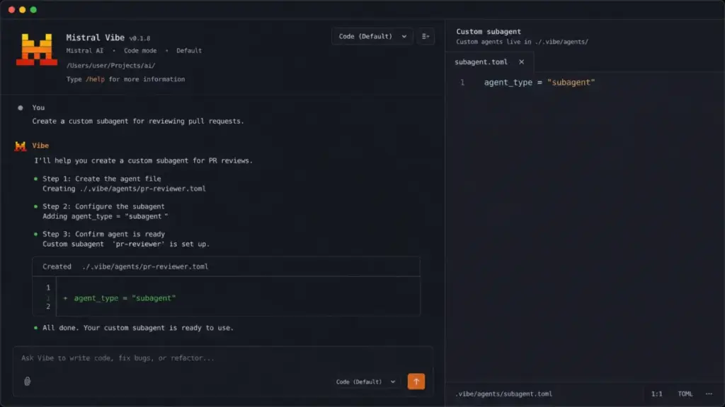 Mistral Vibe chat interface mockup showing coding agent mode and custom subagent creation.