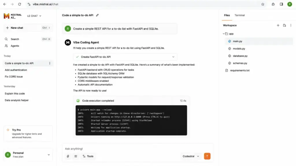 Screenshot-style mockup of the Mistral Vibe coding agent workspace showing a completed code execution block and project file structure.