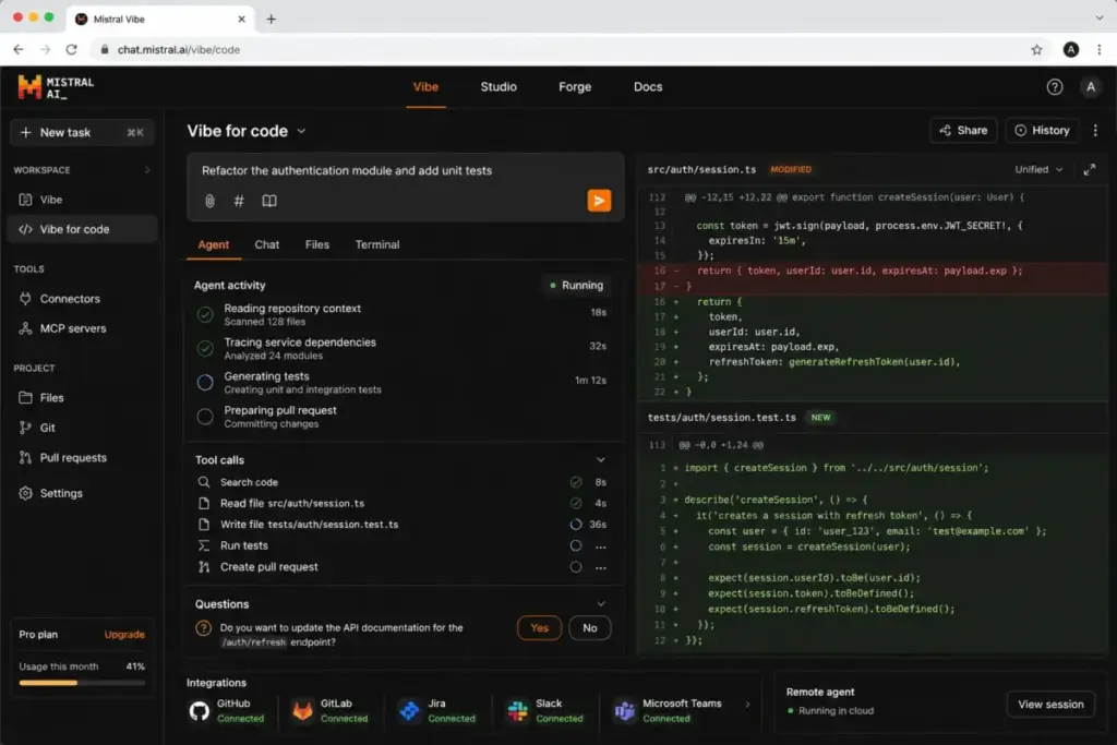 Mistral Vibe coding agent workspace showing agent activity, tool calls, integrations, and code diffs.