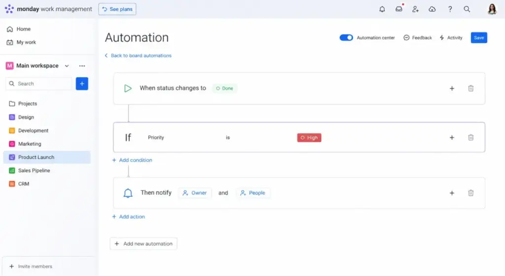 Monday.com automation builder showing a no-code rule for status change notification with trigger, condition, and action fields.