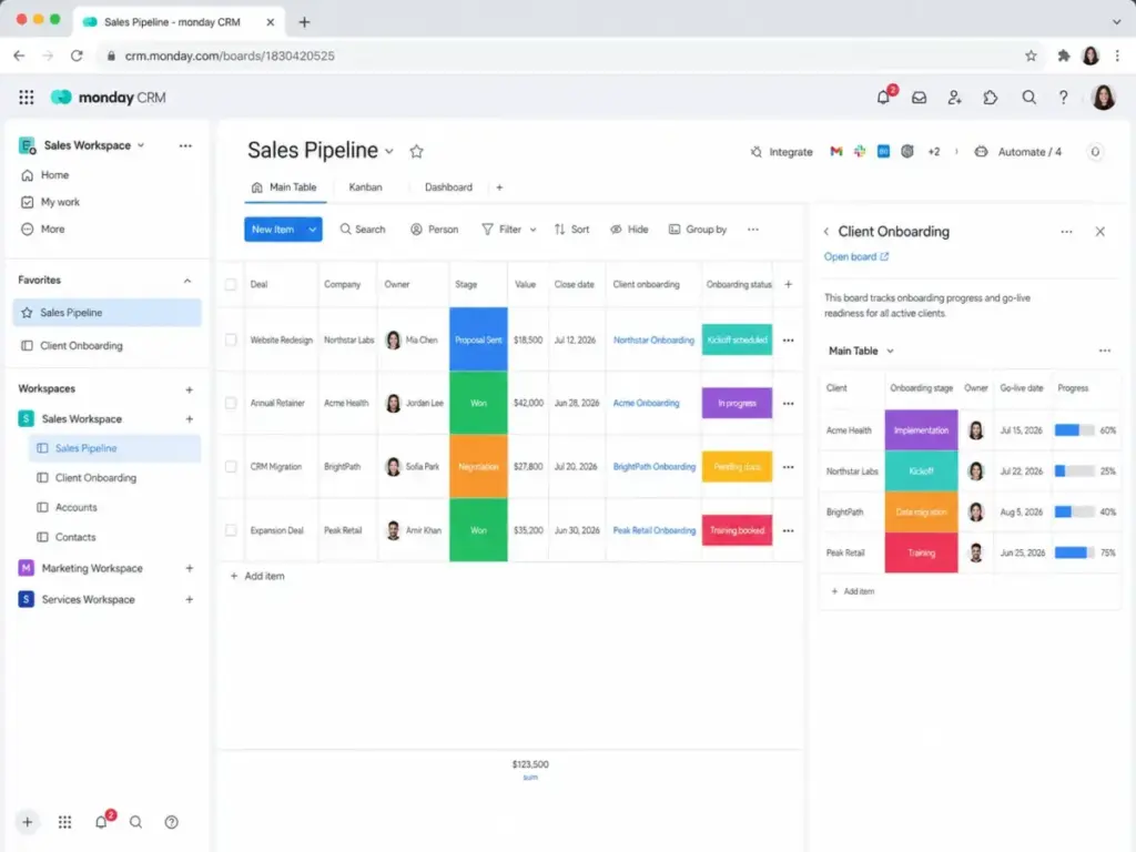 Monday CRM sales pipeline workspace showing connected client onboarding board and deal status tracking.