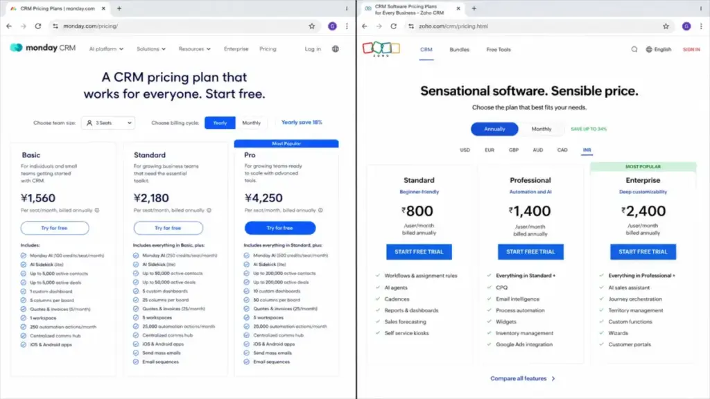 Side-by-side pricing page comparison of monday CRM and Zoho CRM annual plans