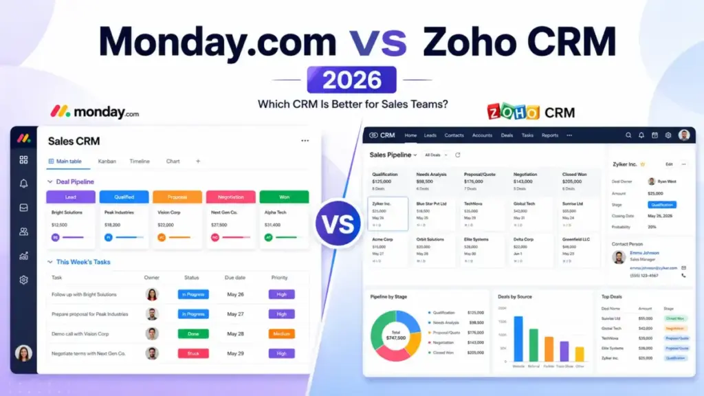 Monday.com vs Zoho CRM 2026 comparison for sales teams