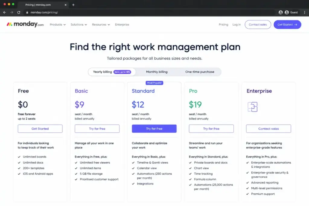 Screenshot-style mockup of monday work management pricing page showing Basic at $9/seat/month and Standard at $12/seat/month billed annually