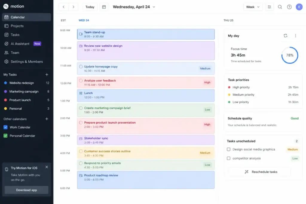 Motion AI calendar interface mockup showing auto-scheduled tasks between meetings with priority indicators.