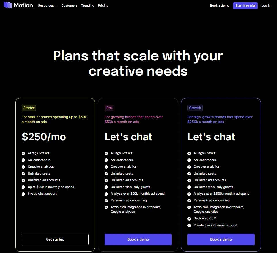 Motion pricing page showing Starter, Pro, and Growth plans for creative teams