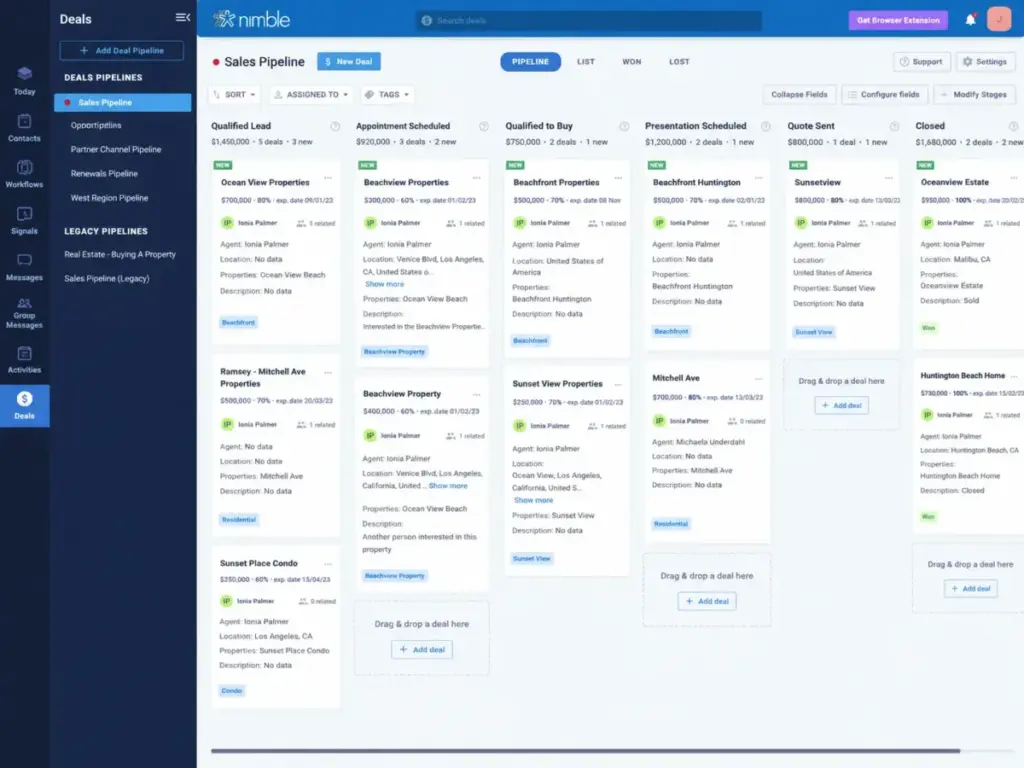 Nimble CRM pipeline board with drag-and-drop deals and multiple sales pipelines