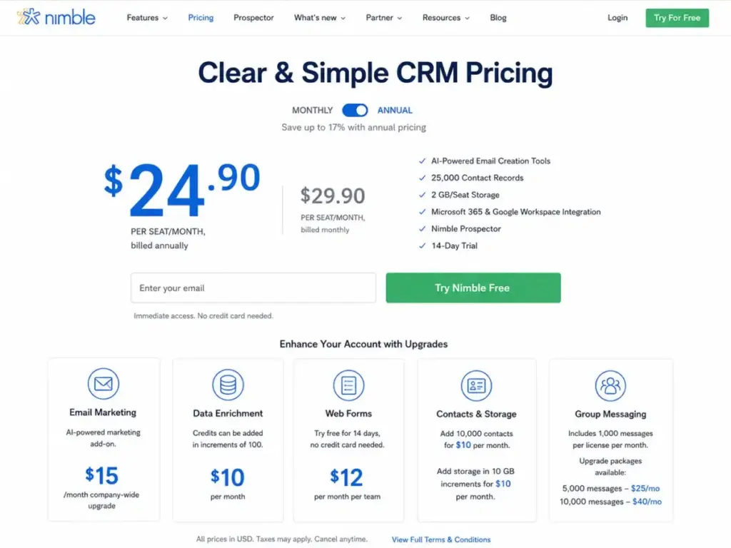 Nimble CRM pricing page showing $24.90 per seat monthly annual plan and add-on options
