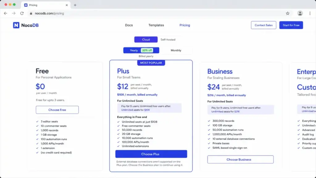 nocodb pricing page plus pay for 9 2026.p