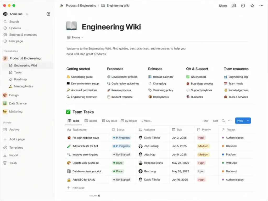 Notion workspace showing an internal engineering wiki, team resources, process pages, and a task database