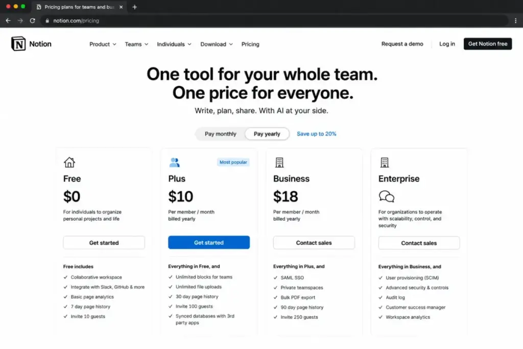 Screenshot-style mockup of Notion pricing page showing Free plan and Plus at $10/member/month billed yearly