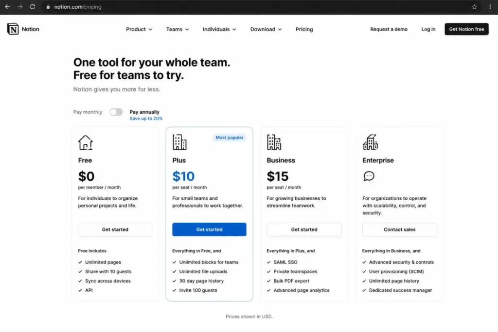 Notion pricing page showing Plus plan at $10/member/month billed yearly