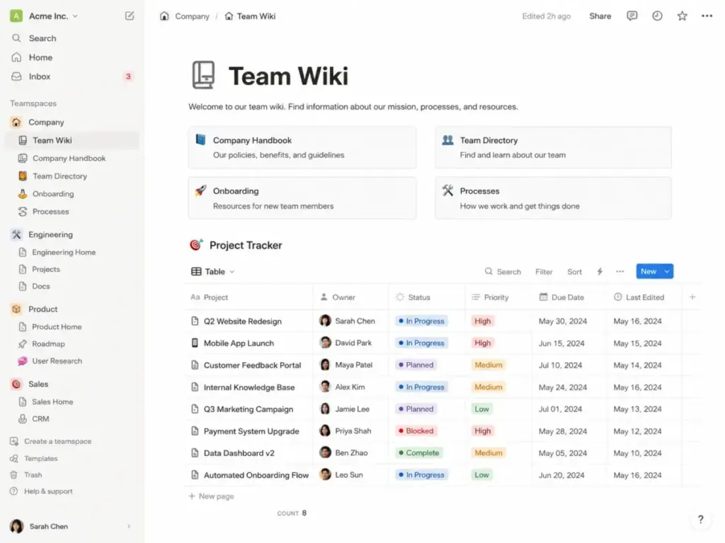 Notion team wiki page showing company resources and an embedded project tracker database with owners, statuses, priorities, and due dates