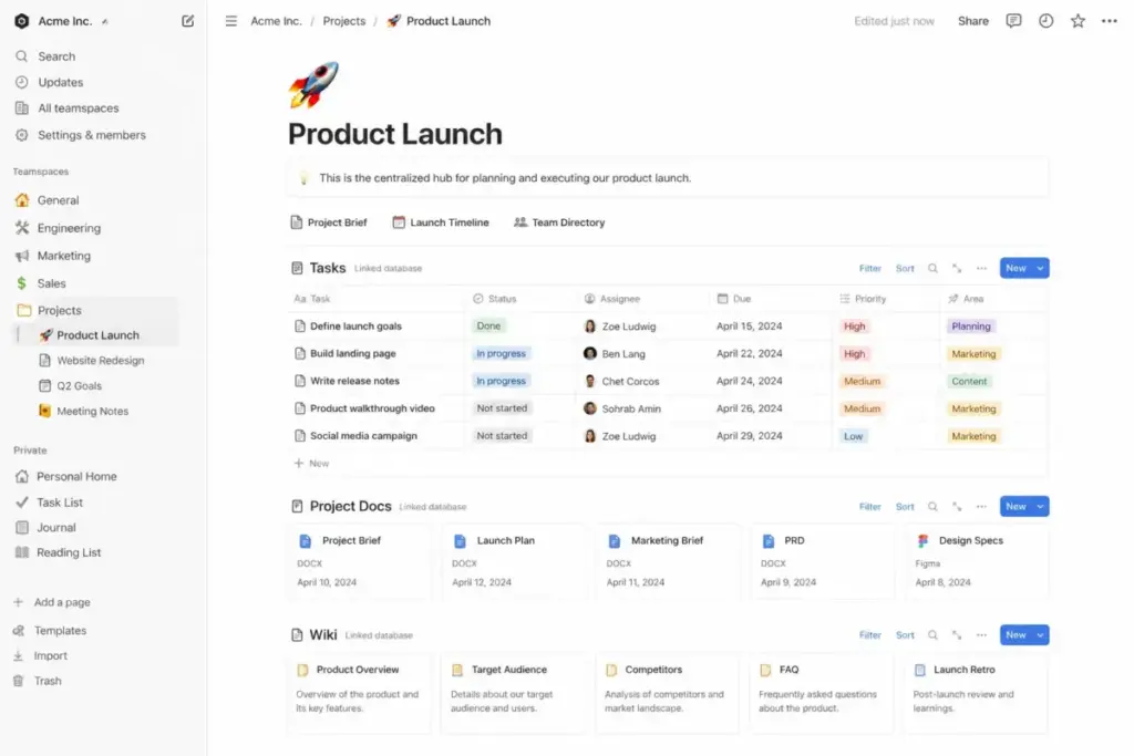 Notion workspace mockup showing linked task database, project docs, and wiki pages in one view.